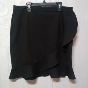 August Silk Faux Wrap Mini Skirt Black Ruffled Trim Stretchy Tulip Hem Size L